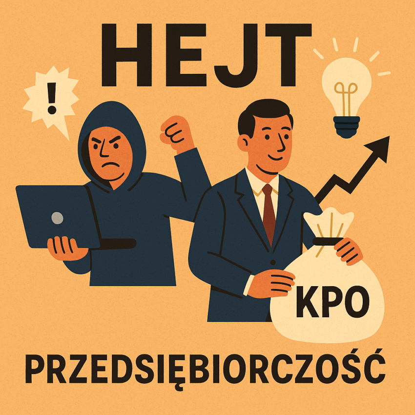 Obrazek ilustrujący artykuł przedstawiający zdenerwowanego człowieka w kapturze z laptopem (hejtera) i przedsiębiorcę trzymającego worek z pieniędzmi z kpo.